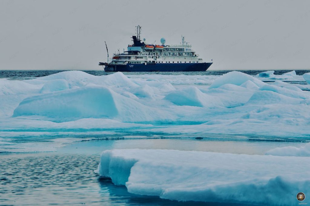 Expedition ship Sea Spirit from Poseidon Expeditions near the pack ice boundary on an Arctic trip, Svalbard