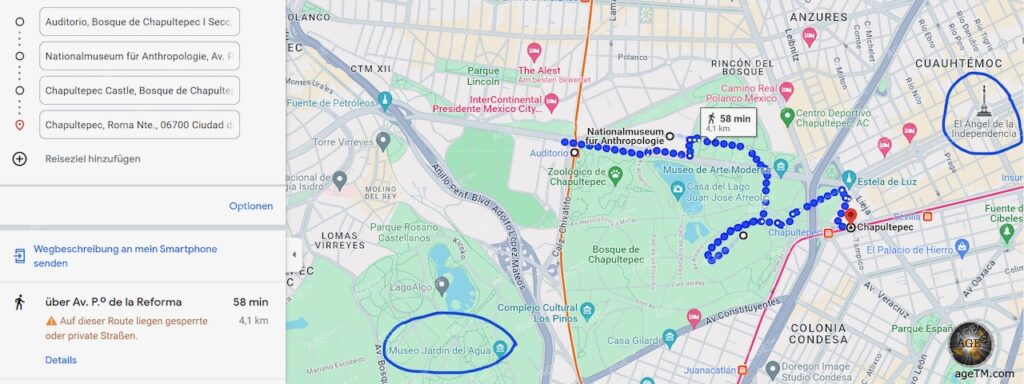 Мехико хотын газрын зураг Үндэсний антропологийн музей, Боске де Чапультепек маршрут